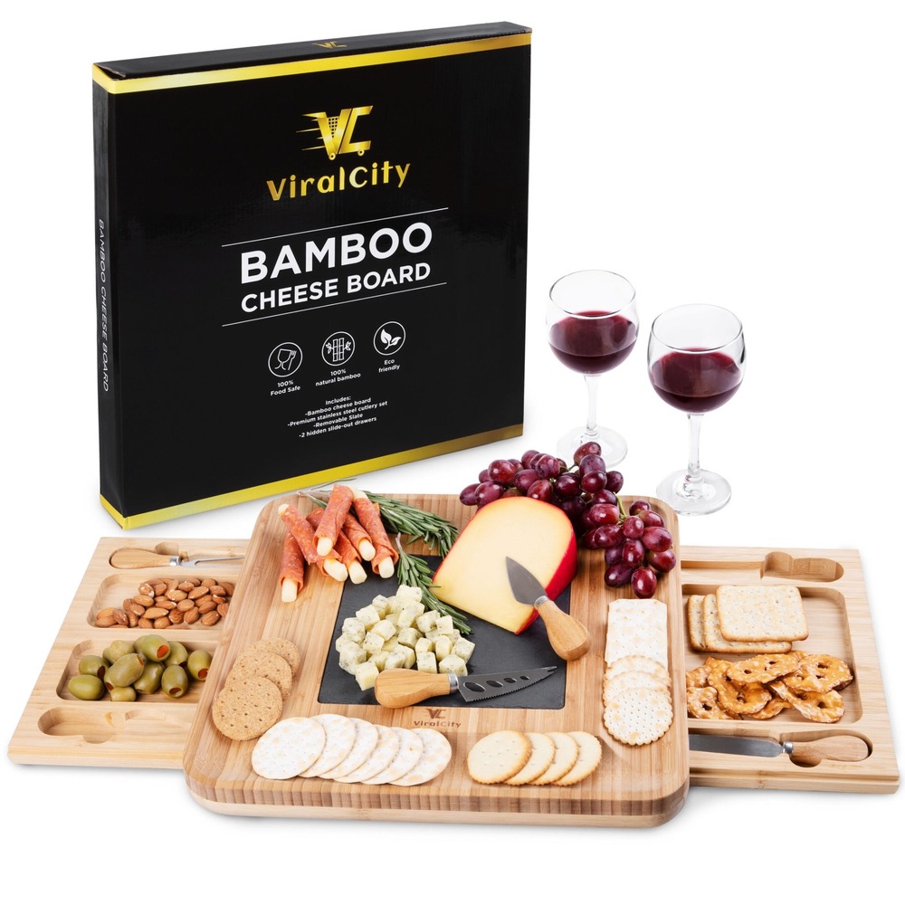 ViralCity Bamboo Cheese Board Set with Slate Insert and Slide Out Drawers New